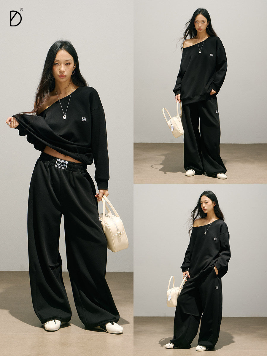 Off-Shoulder Oversize Sweatshirt & Adjustable Hem Sweatpants Setup NA8933