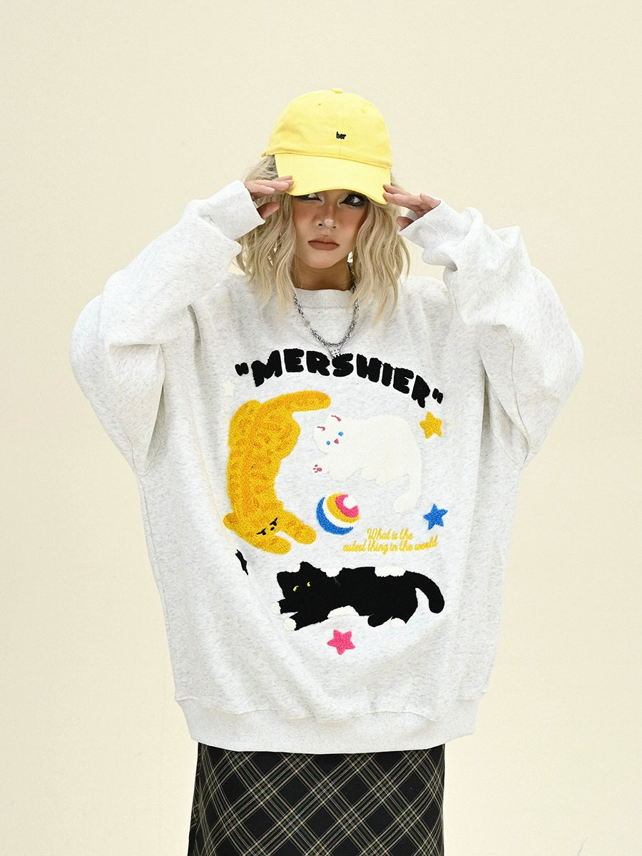 Cat Graphic Round Neck Oversize Sweatshirt NA6307