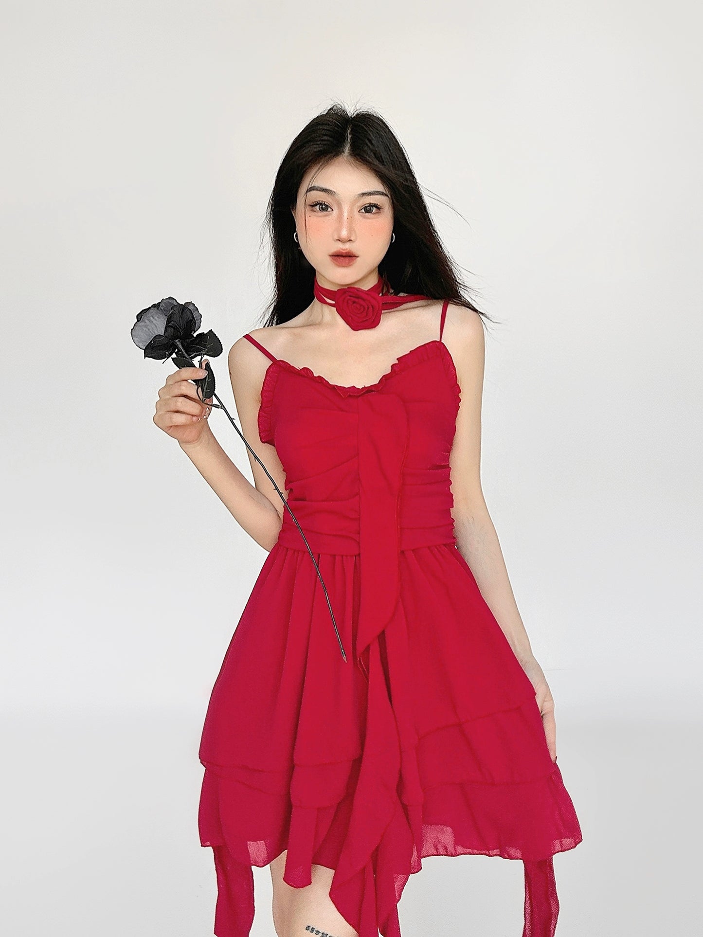 With Red Ribbon 3D Rose Choker, Strap Skirt Dress NA4607