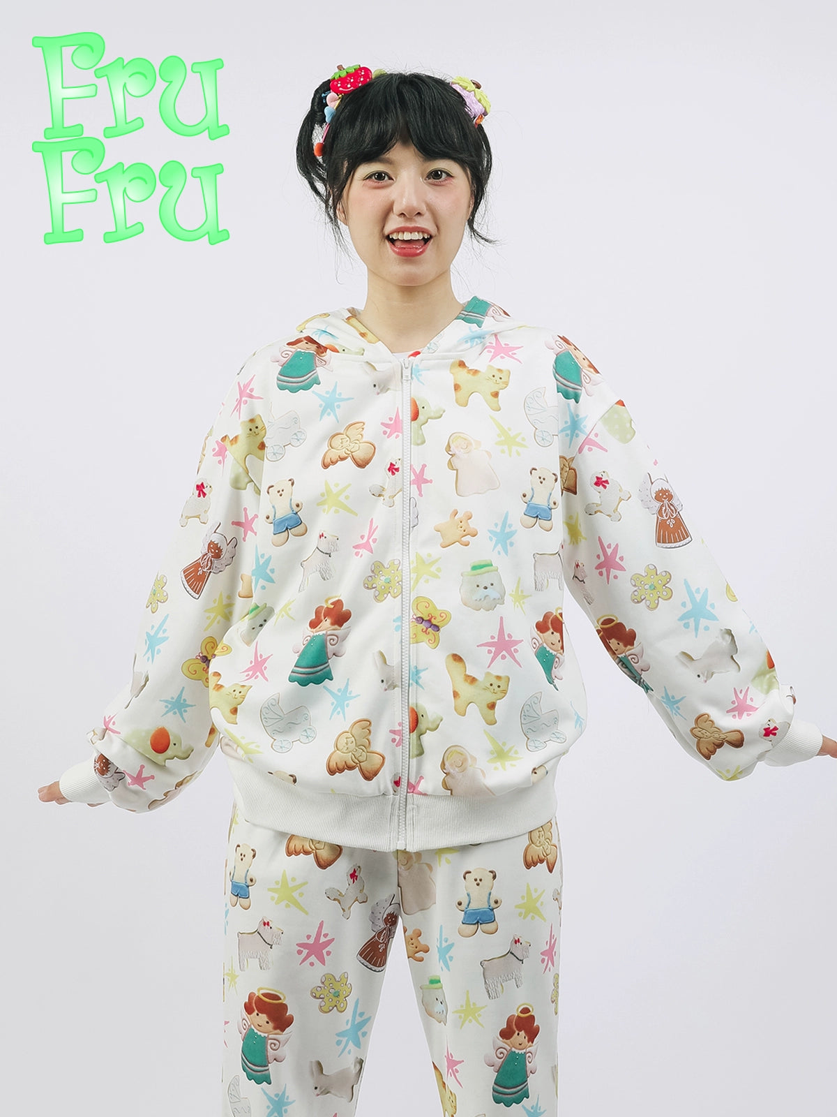 Cookie Print Rabbit Ear Zipper Hoodie NA6570