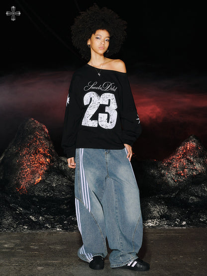 Stripe Line Washed Wide Leg Denim Jeans NA8941