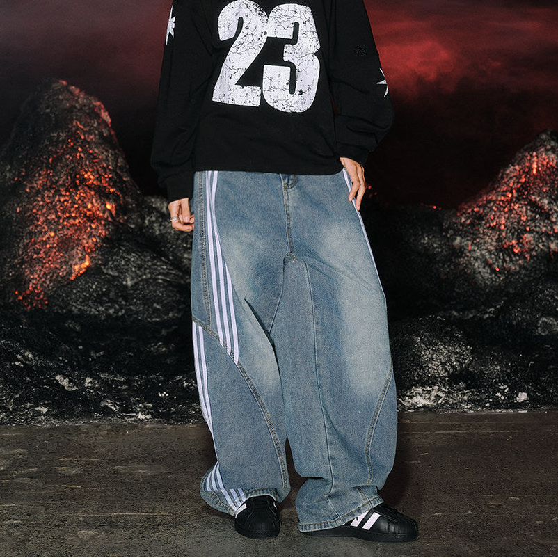 Stripe Line Washed Wide Leg Denim Jeans NA8941