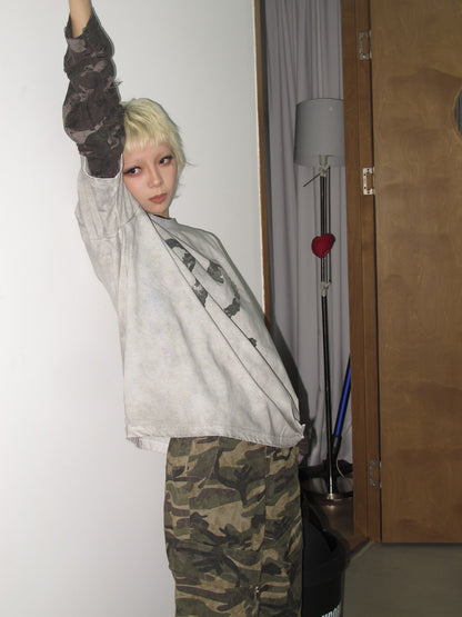 Camouflage Fake Layered Damage Long Sleeve T-Shirt NA9138