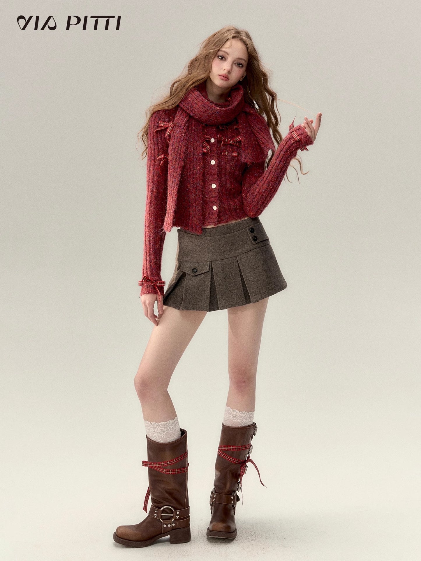 Bow Knit Cardigan & Bow Knit Hat & Knit Scarf NA4698