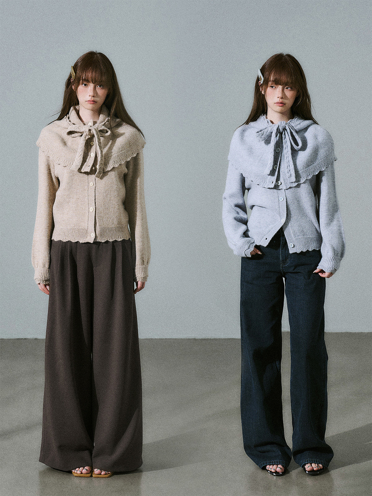 Ruffled Collar and Bow Detail Knit Cardigan NA8824