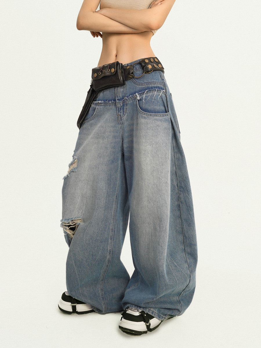 Damage Embroidery Wash Wide Leg Denim Jeans NA8586