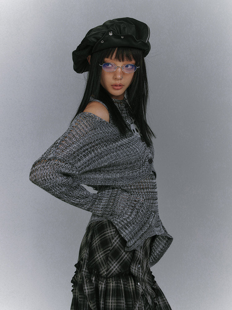 Damage Knit Cardigan & Skull Damage Vest Set NA8887