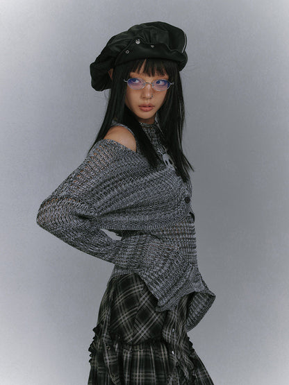 Damage Knit Cardigan & Skull Damage Vest Set NA8887