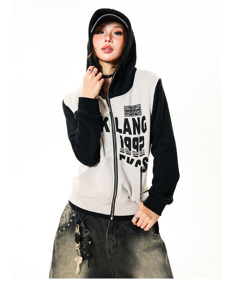 Color Block Letter Print Fitted Zipper Hoodie NA9363