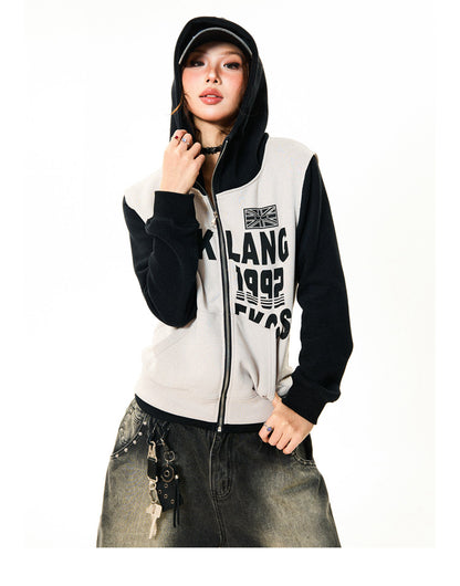 Color Block Letter Print Fitted Zipper Hoodie NA9363