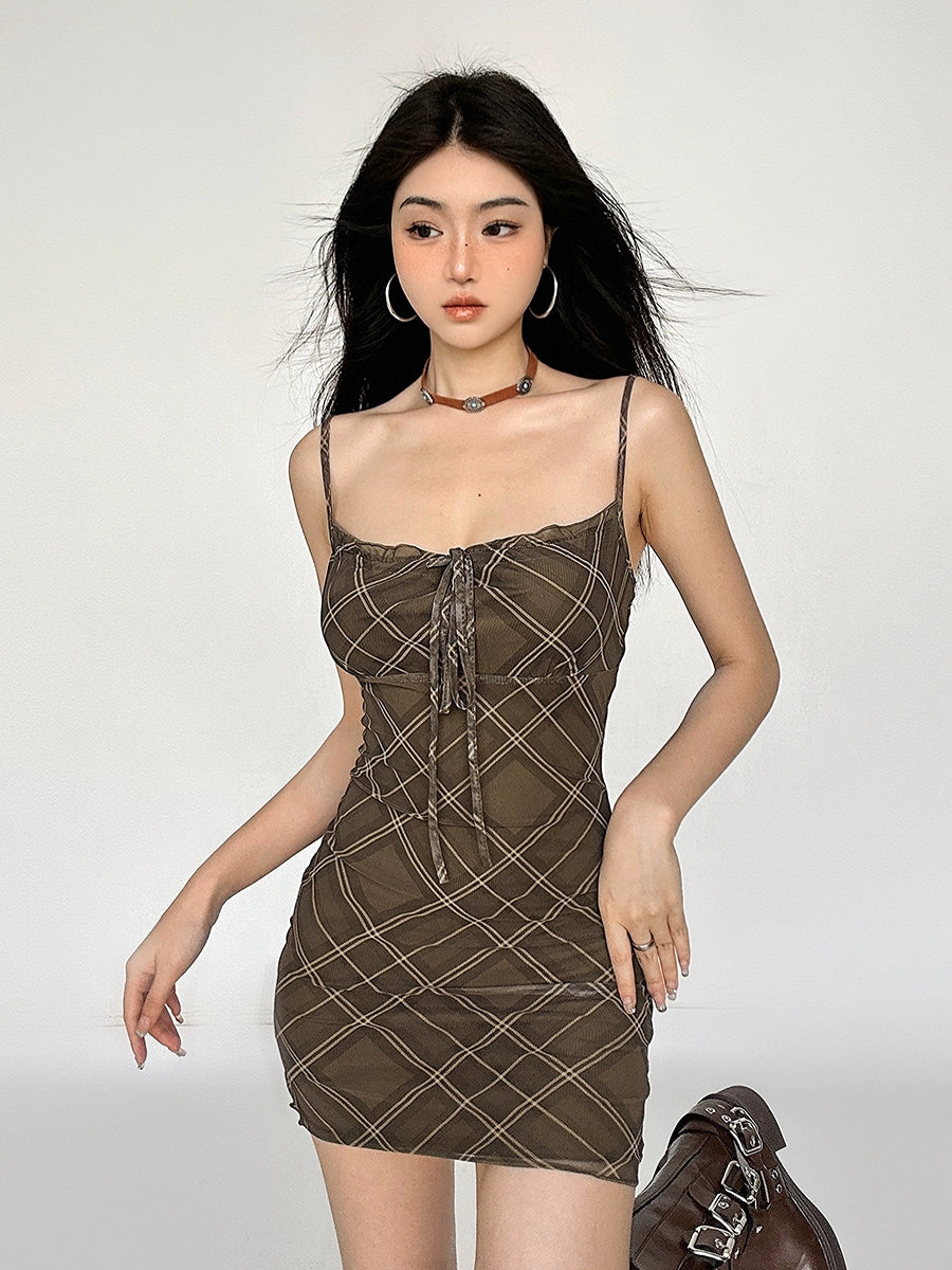 Plaid Mesh Camisole Dress NA4481