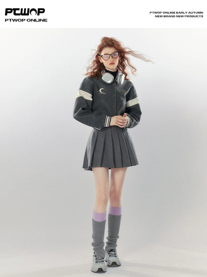 Wool Blend Short Baseball Jacket & Short Pleats Skirt Setup NA5673