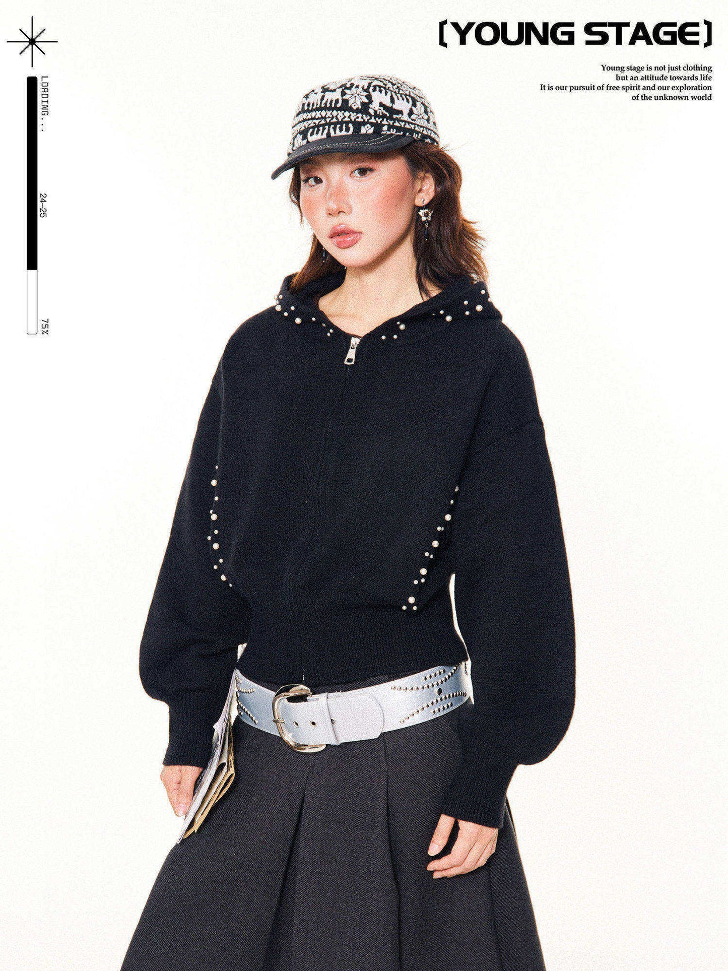 Pearl Embroidery Cropped Zipper Hoodie NA9341