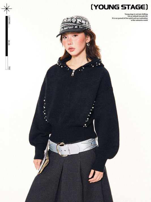 Pearl Embroidery Cropped Zipper Hoodie NA9341