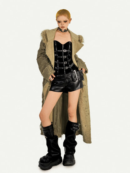 NA8566 Milk Cool Mo Li original retro heavy industry mid-length trench coat jacket autumn and winter loose design coat hooded fur collar NA8566