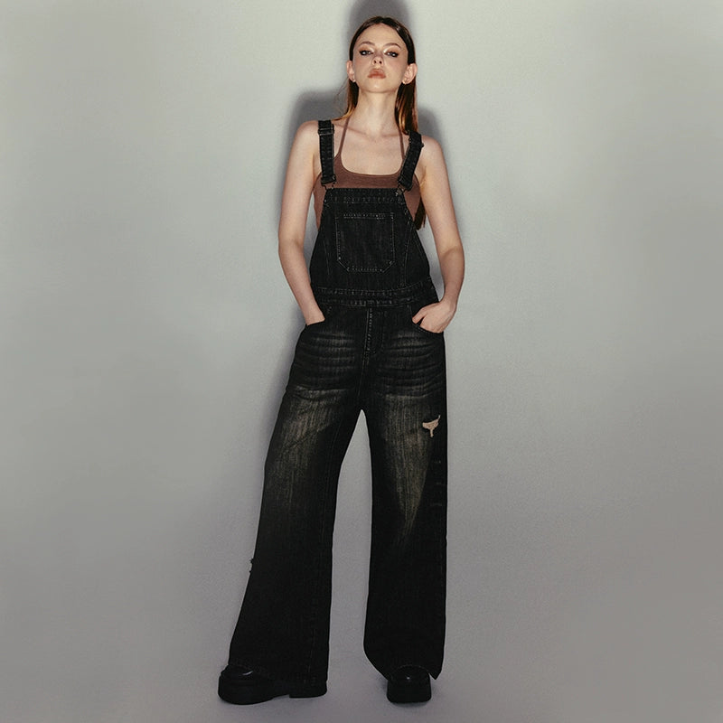 Washed Wide-Leg Straight Overalls NA4078