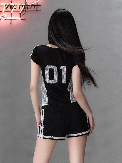 Patchwork Letter Print Sporty Short Sleeved T-shirt NA5027