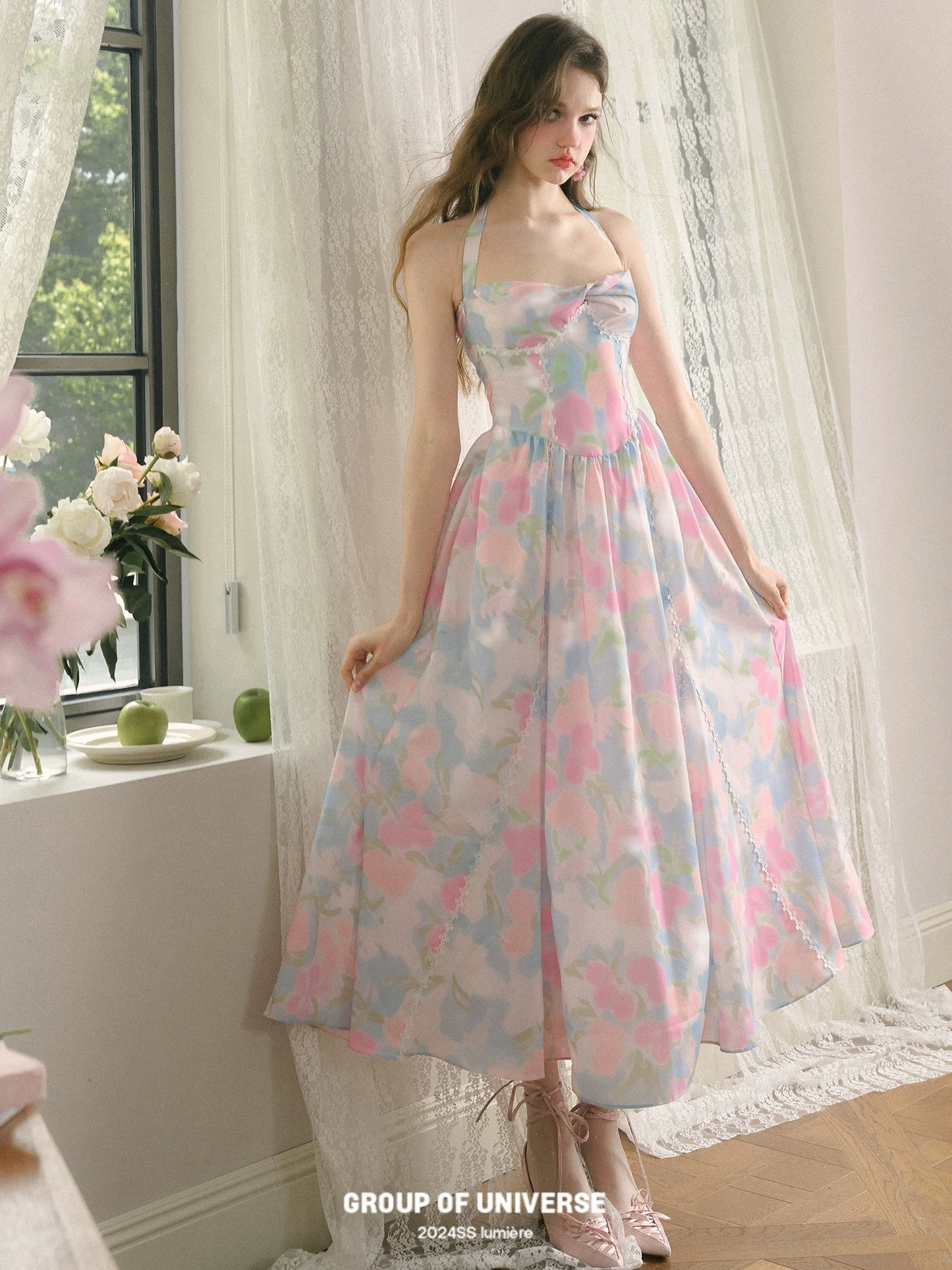 All-over Pattern Hanging Neck Long Dress NA5933