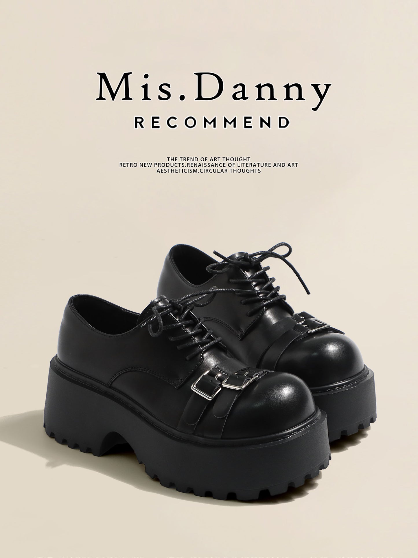 Metal Buckle Platform Round Toe Lace-Up Heeled Shoes NA8760