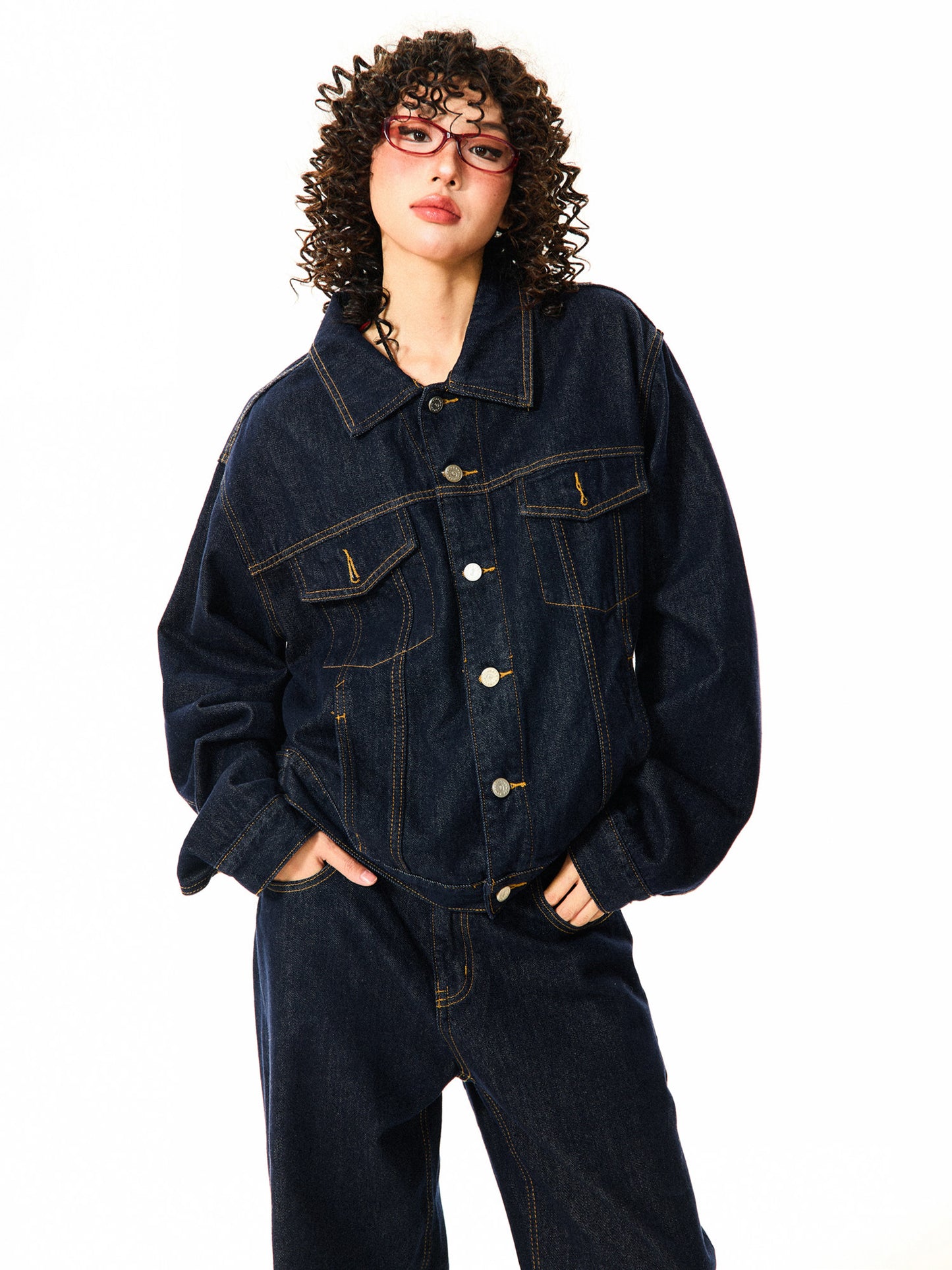 Button Oversize Denim Jacket & Wide Leg Denim Jeans Setup NA9368