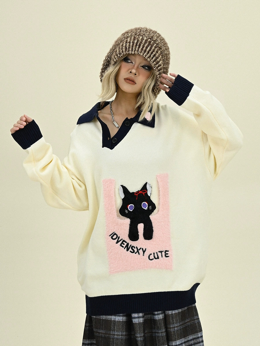 Cat Design Oversize Polo Knit Sweater NA6473