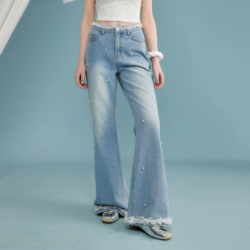 Pearl Lace Patchwork Wide-Leg Straight Denim Jeans NA3349