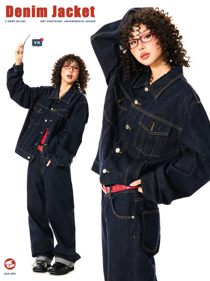 Button Oversize Denim Jacket & Wide Leg Denim Jeans Setup NA9368