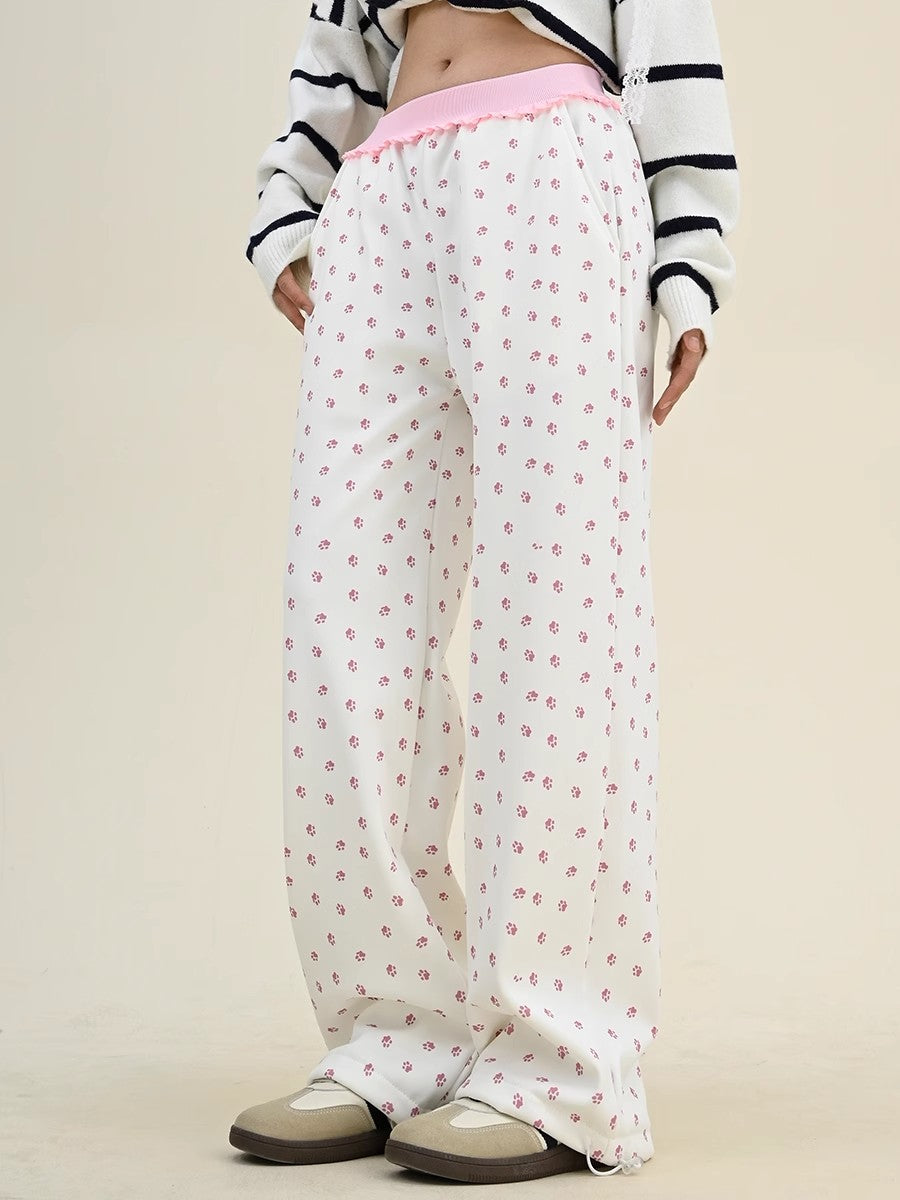 Oversize Allover Cat Paw Print Wide-Leg Pants NA6298