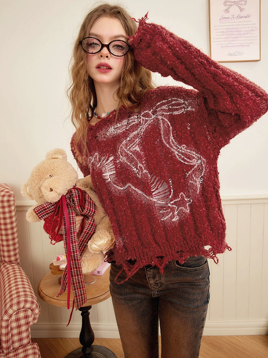 Embroidery Damage Knit Sweater NA6954