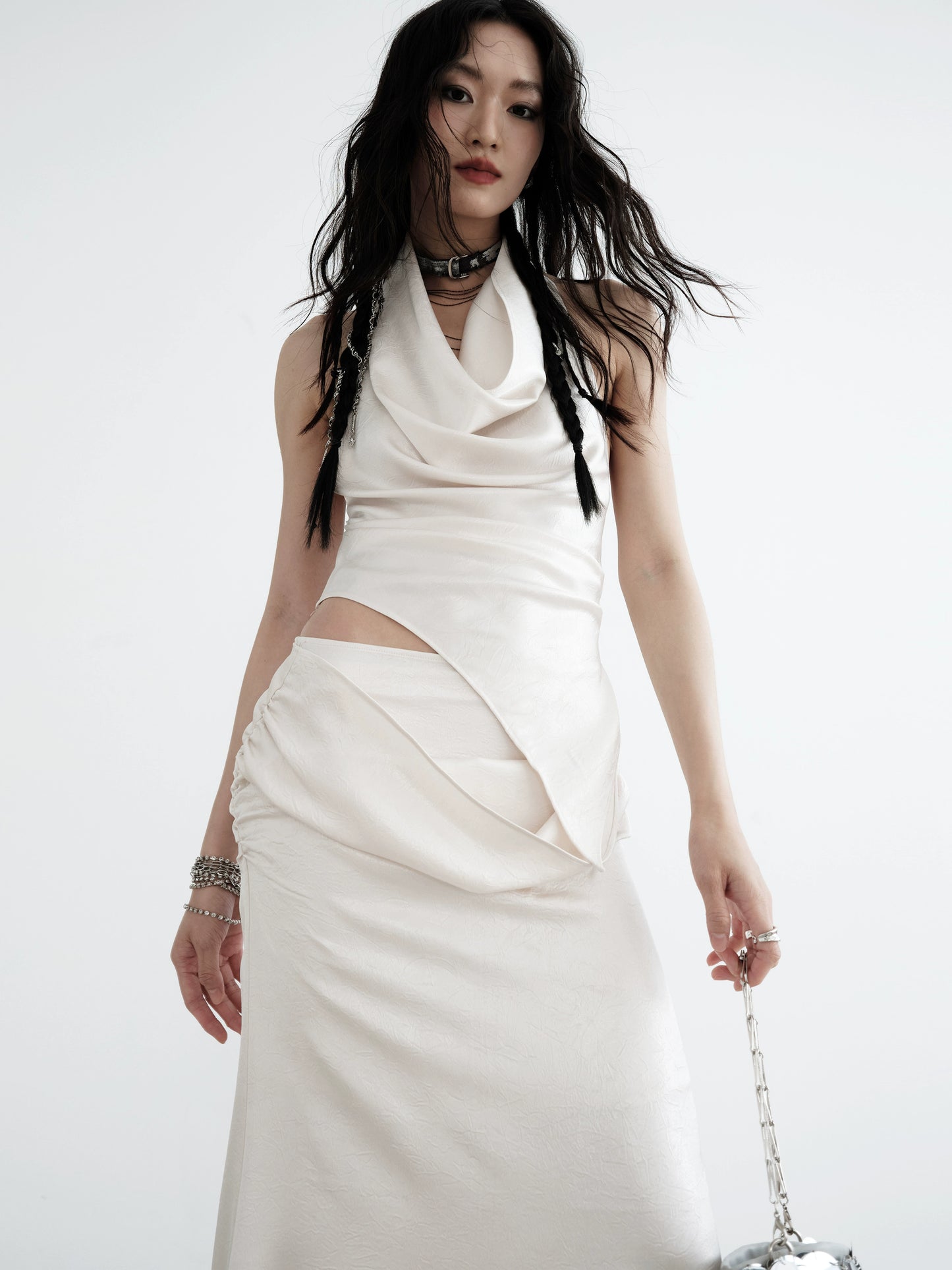 Pearl White Pleated Hanging Neck Camisole & Long Skirt Setup NA5225