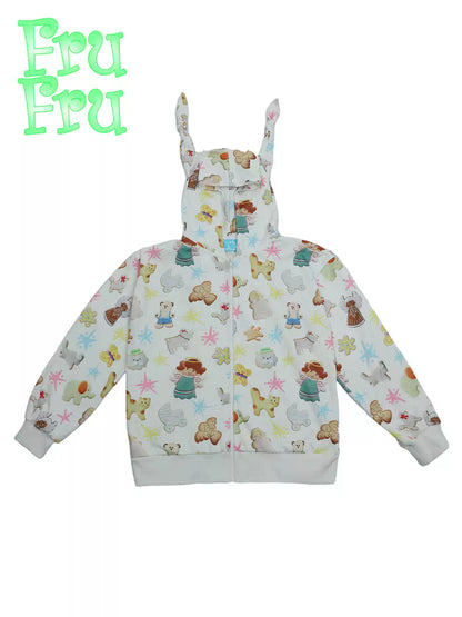 Cookie Print Rabbit Ear Zipper Hoodie NA6570