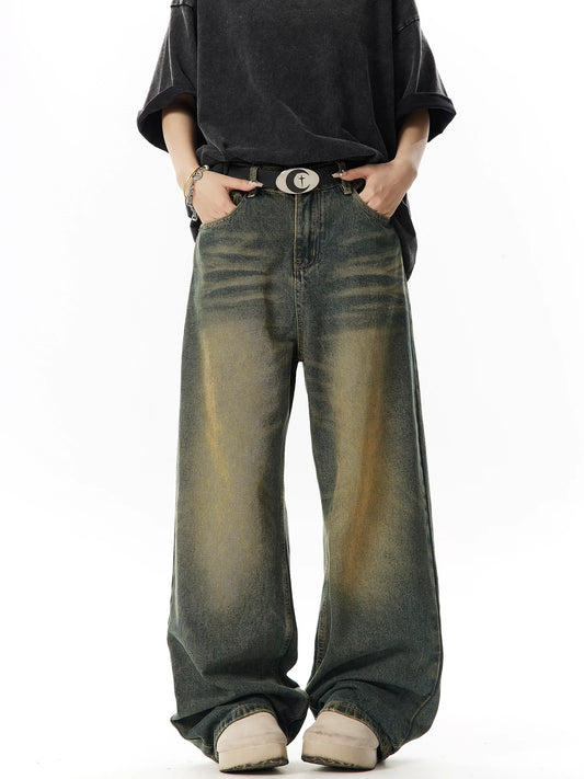 Washed Yellow Mud Dyed Wide Leg Denim Jeans NA3009