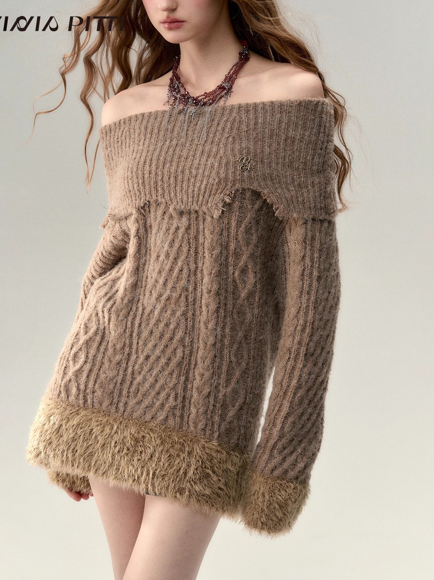 One Shoulder Damaged Furry Sweater Dress NA4793