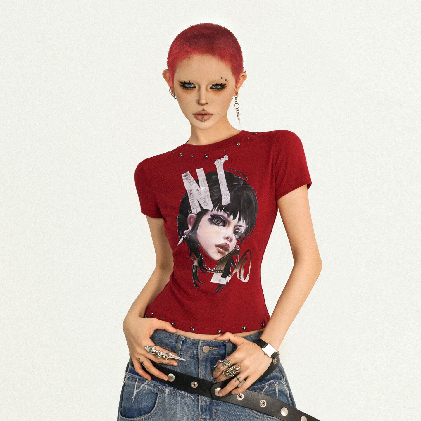Portrait Print Fitted Short Sleeve T-Shirt NA8603
