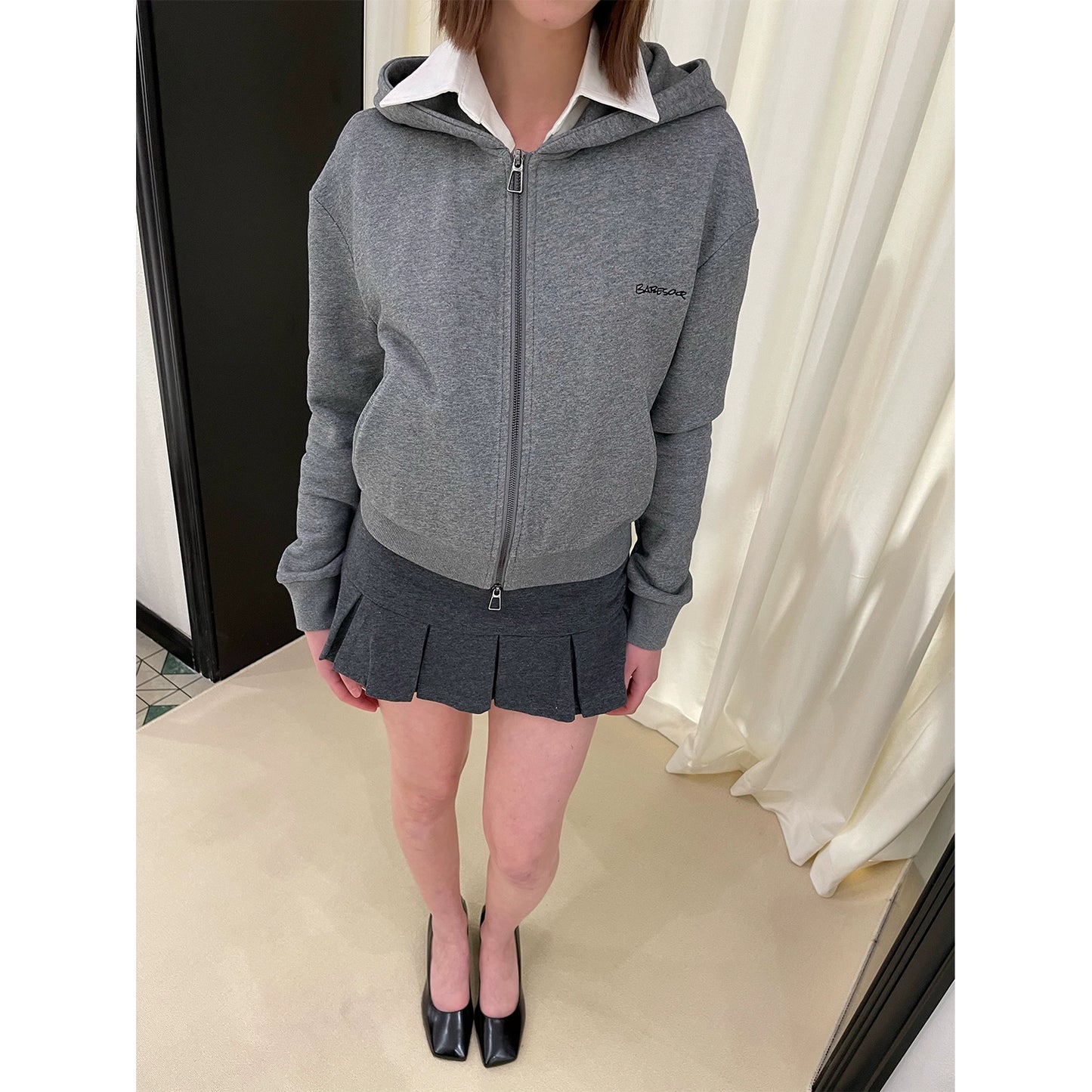 Zipper Hoodie & Pleated Short Skirt NA5991