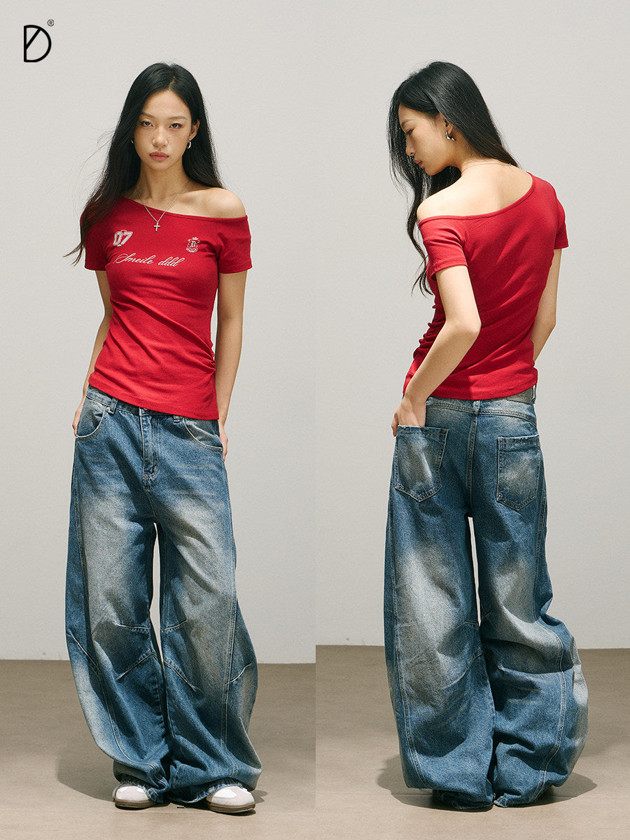Washed Seam Design Wide Leg Denim Jeans NA8948