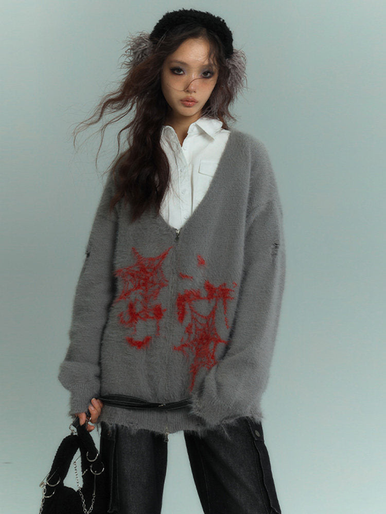 V-Neck Fake Mink Damage Zipper Knit Cardigan NA8876