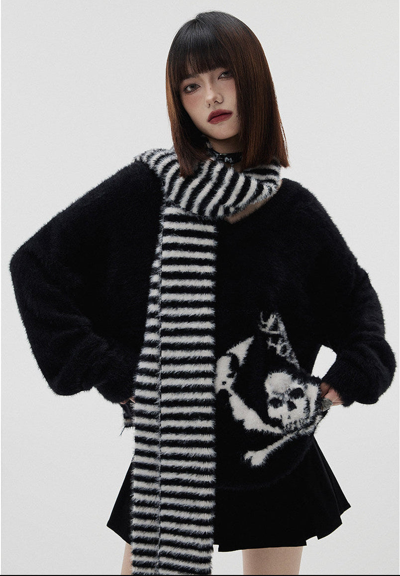 Mohair Skull Pattern Oversize V-Neck Knit Cardigan & Striped Scarf NA8905
