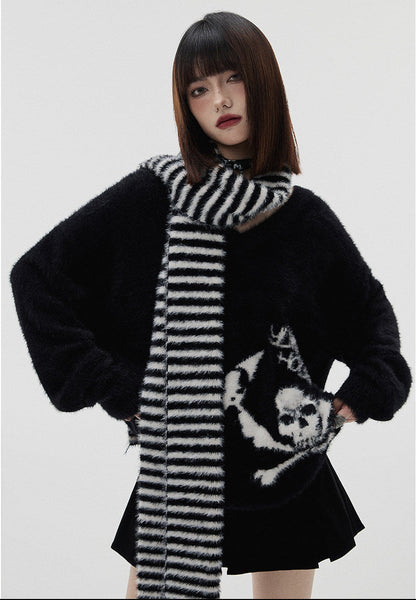 Mohair Skull Pattern Oversize V-Neck Knit Cardigan & Striped Scarf NA8905