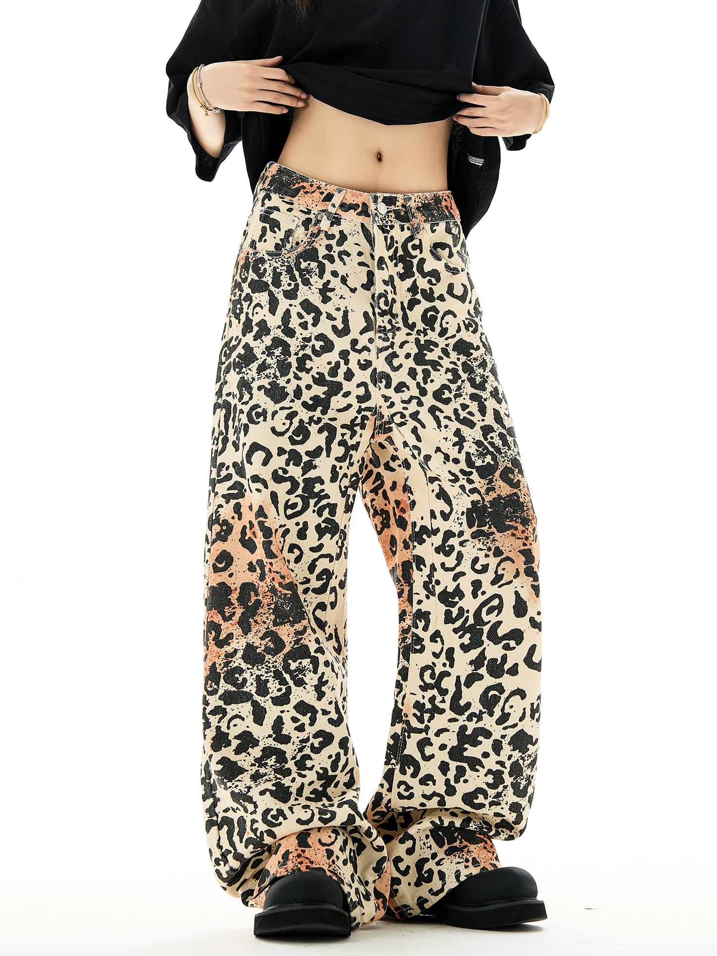 Leopard Print Wide-Leg Straight Denim Jeans NA3131