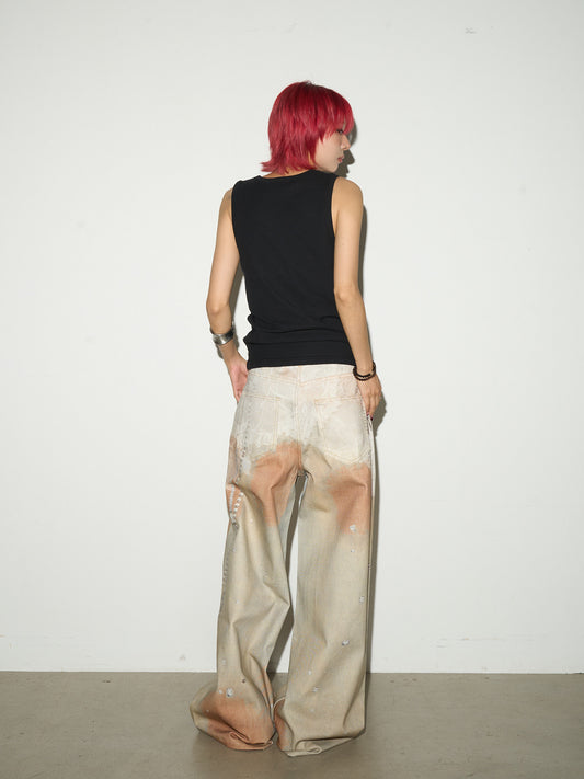 Digital Hand-Drawn Print Wide Leg Denim Jeans NA9112