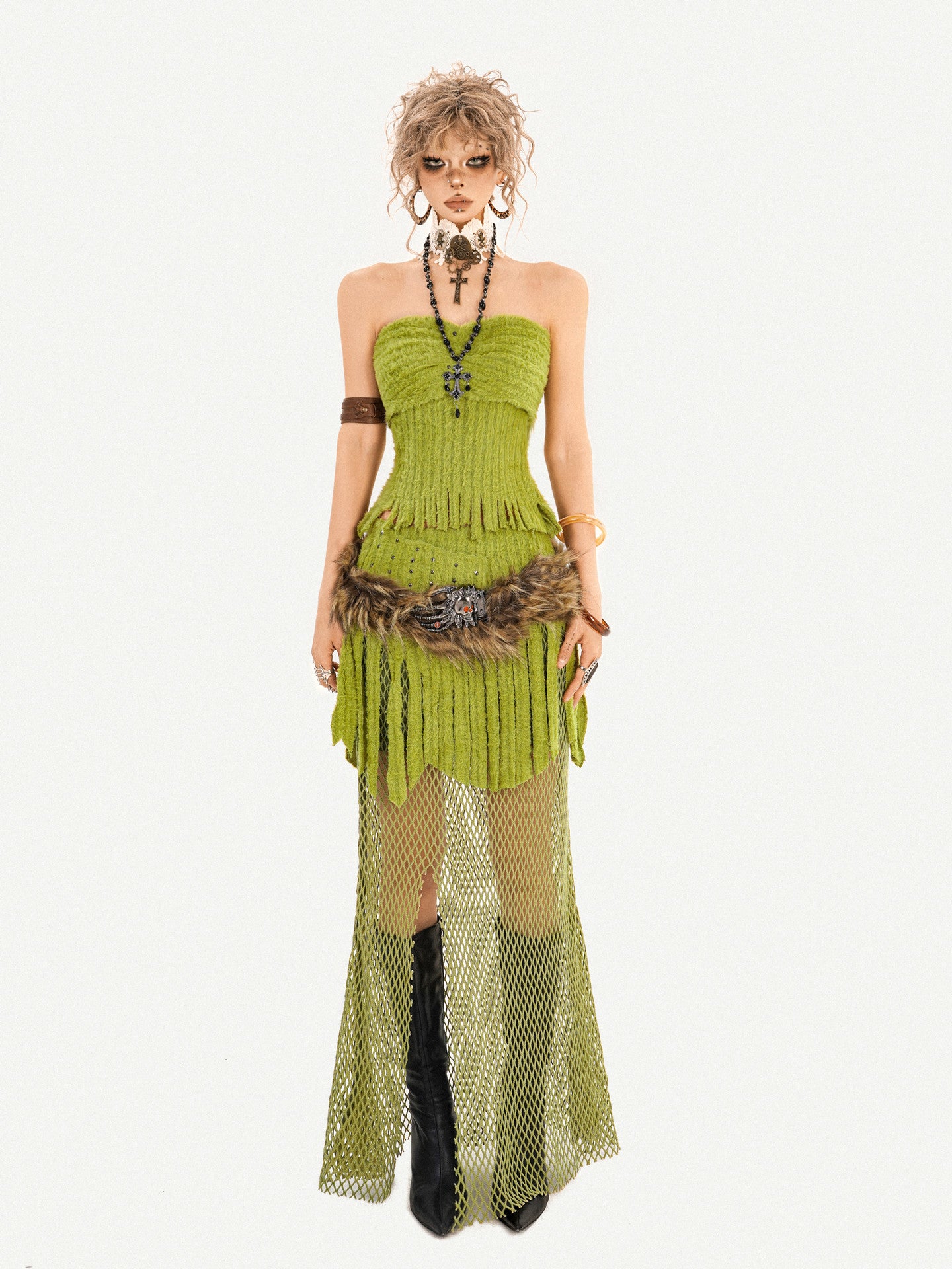 Fake Fur Patchwork Mesh Knit Cardigan & Tube Top & Mesh Long Skirt Setup NA8610