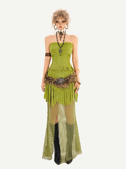 Fake Fur Patchwork Mesh Knit Cardigan & Tube Top & Mesh Long Skirt Setup NA8610