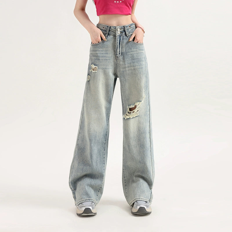 Damaged Wide-Leg Straight Denim Jeans NA3539