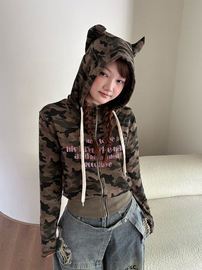 Devil Horn Hooded Print Zipper Hoodie NA9254