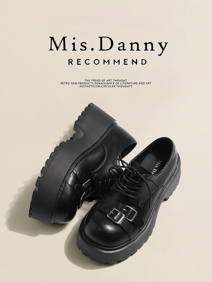 Metal Buckle Platform Round Toe Lace-Up Heeled Shoes NA8760