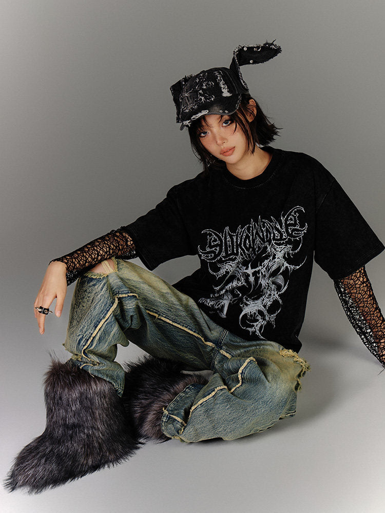 Washed Damage Oversize Short Sleeve T-Shirt & Spiderweb Mesh Long Sleeve Shirt NA8926