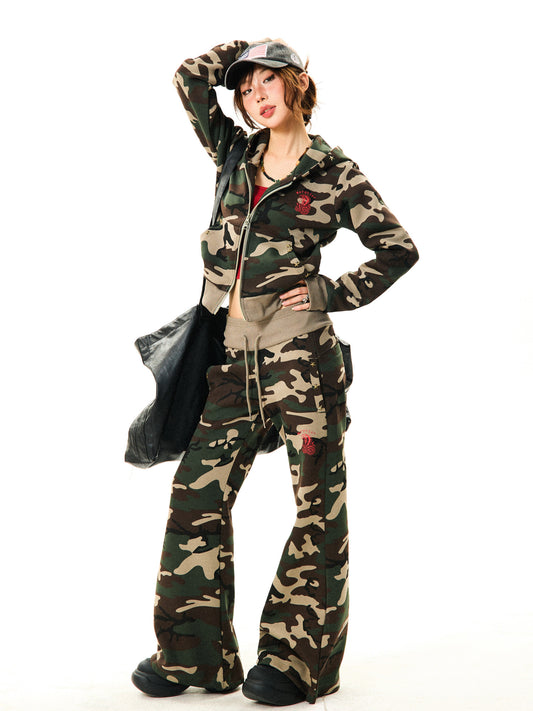 Camouflage Zipper Hoodie & Flare Pants Setup NA9339