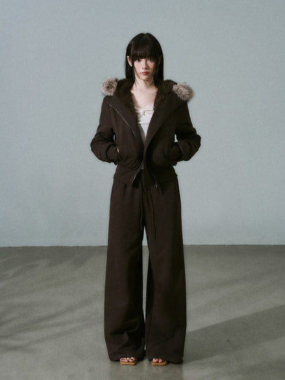 Fake Fur Hooded Zip-Up Jacket & Seatpants Setup NA8846