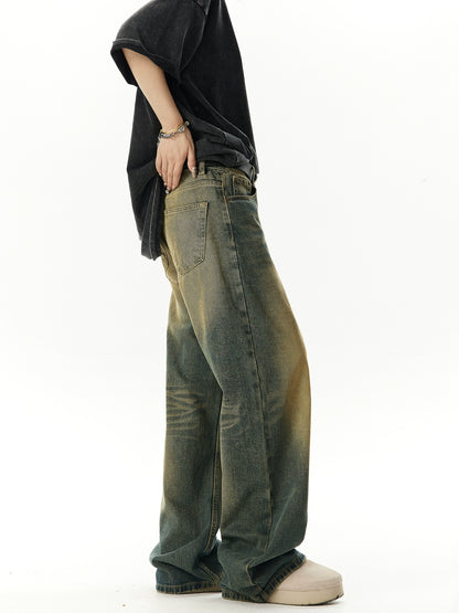 Washed Yellow Mud Dyed Wide Leg Denim Jeans NA3009